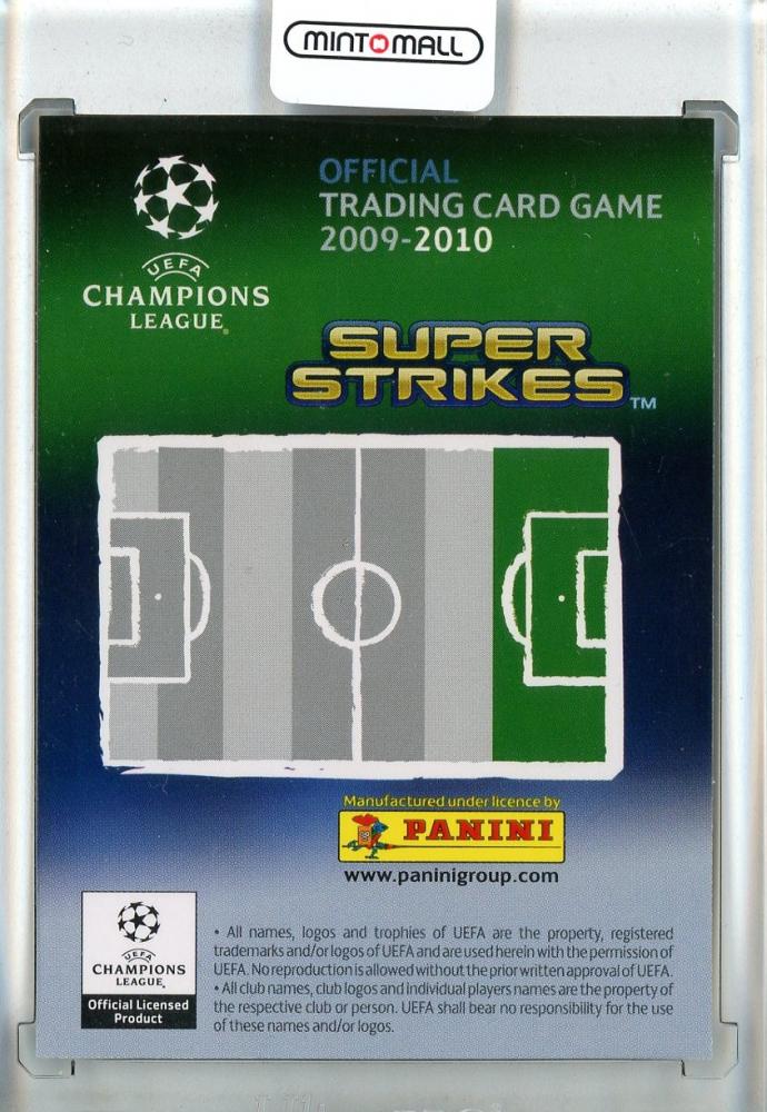2009-10 Panini Super Strikes Champions League trading card featuring Lionel Messi in FC Barcelona kit