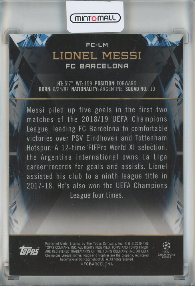 2018-19 Finest UEFA Champions League Lionel Messi Cornerstones trading card with FC Barcelona design