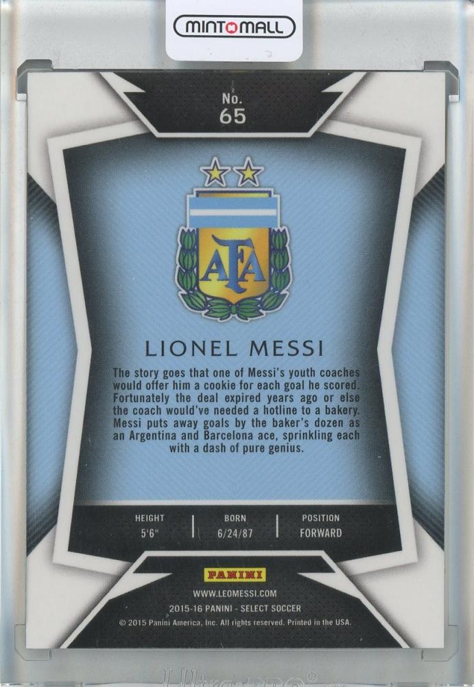 2015-16 Select Lionel Messi #65 Argentina soccer trading card featuring Lionel Messi in Argentina uniform