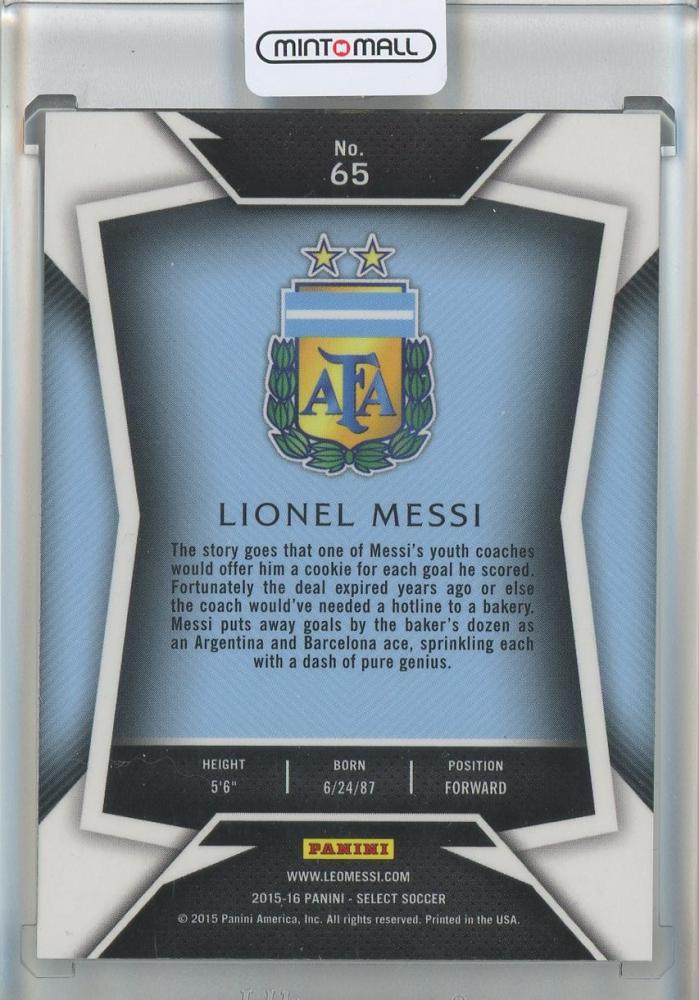 2015-16 Select Lionel Messi #65 Argentina soccer trading card showing player image and stats