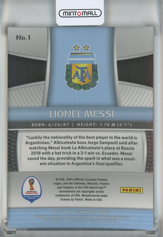 2018 Panini Prizm World Cup Lionel Messi #1 Argentina soccer trading card featuring Lionel Messi in Argentina kit