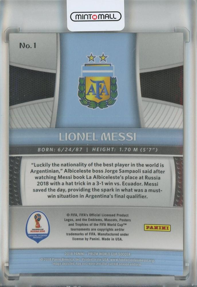 2018 Panini Prizm World Cup soccer trading card featuring Lionel Messi #1 Argentina