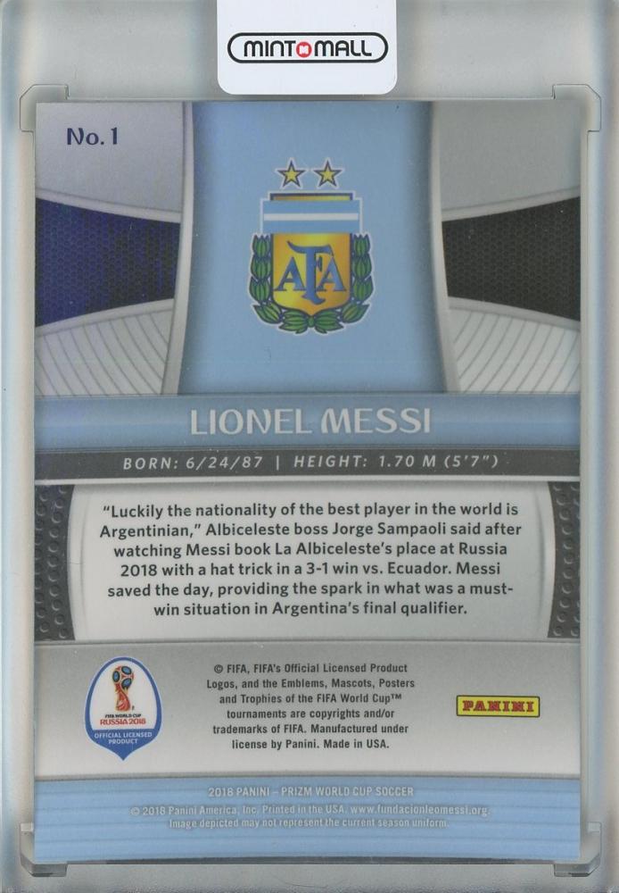 2018 Panini Prizm World Cup Lionel Messi #1 collectible card featuring Argentina
