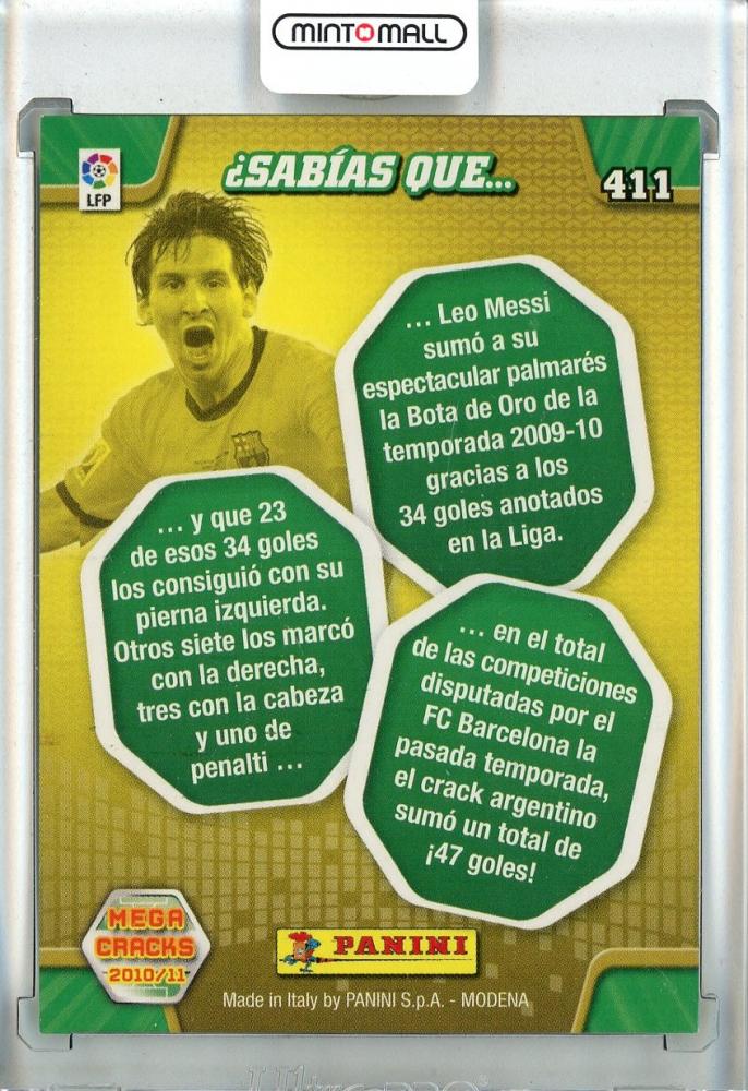 2010-11 Panini Megacracks Lionel Messi #411 football card FC Barcelona with minor stain on back