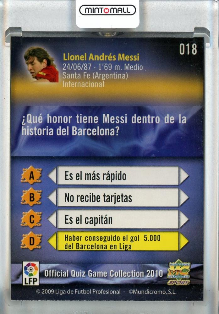 2009-10 Mundicromo Official Quiz Game Collection La Liga Lionel Messi card number 18 from FC Barcelona with minor stain on back