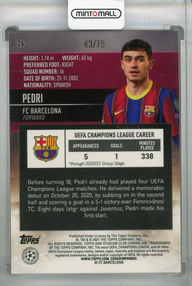 2020-21 Topps Stadium Club Chrome UEFA Champions League Pedri rookie card Green/Yellow Electric parallel FC Barcelona