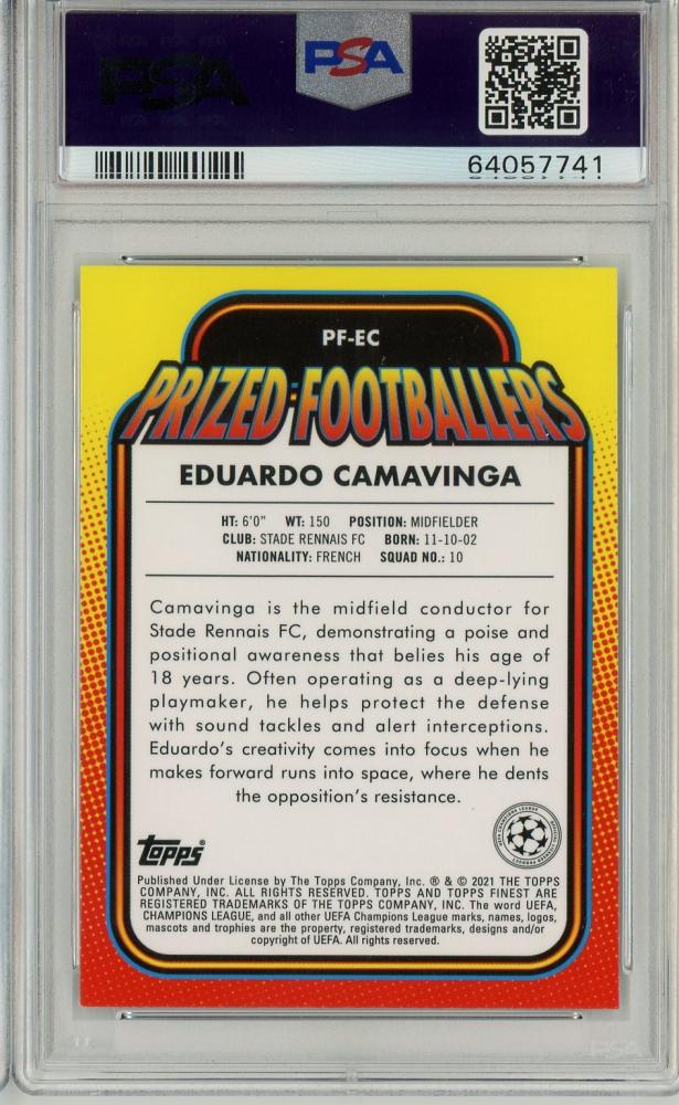 2020-21 Topps Chrome UEFA Champions League Eduardo Camavinga Prized Footballers trading card graded PSA10