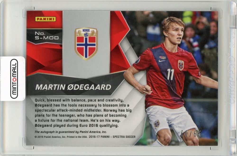 2016-17 Panini Spectra Martin Odegaard Signature Red Parallel numbered 60 of 65 trading card from Norway