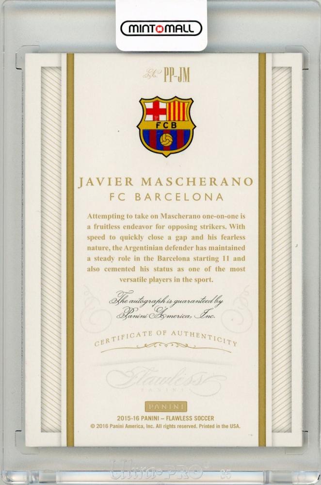 2015-16 Panini Flawless Javier Mascherano Pitch Perfect Signature Ruby Parallel card numbered 10 of 15 from FC Barcelona