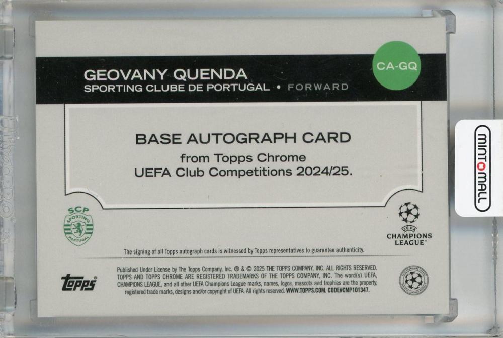 2024-25 Topps Chrome UEFA Geovany Quenda Chrome Autographs Magenta Refractors rookie card with minor stain on back