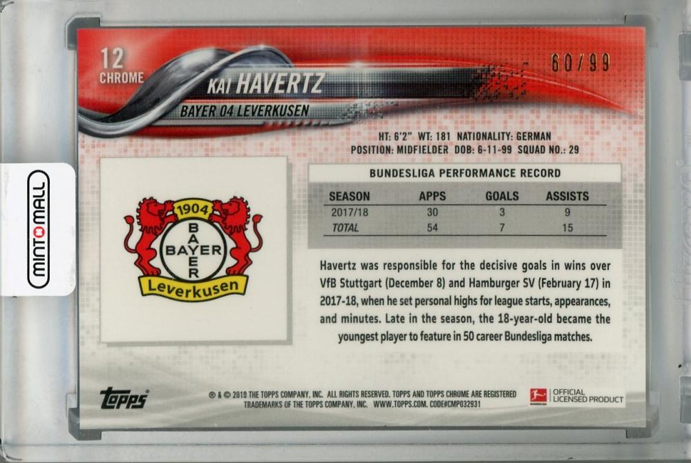 2018-19 Topps Chrome Bundesliga Kai Havertz Bayer 04 Leverkusen Base Blue Wave Rookie Card 60 of 99