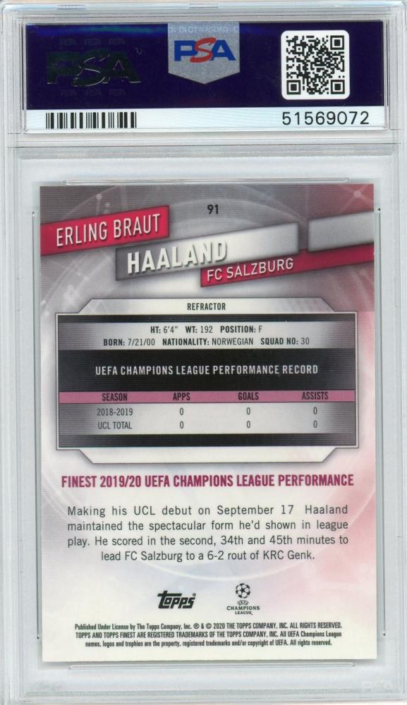 2019-20 Topps Finest UEFA Champions League FC Salzburg Erling Braut Haaland Base Refractor rookie card PSA 9
