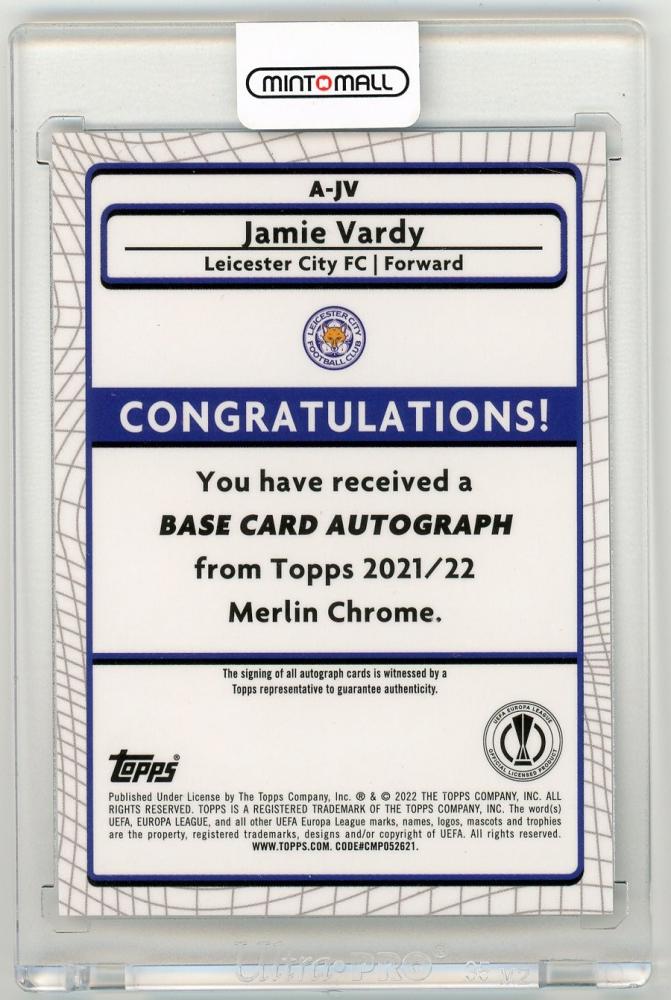 2021-22 Topps Merlin Chrome UEFA Jamie Vardy autograph trading card featuring Leicester City FC