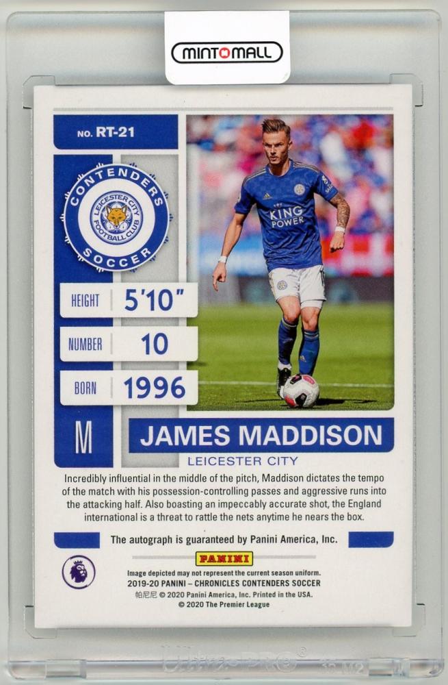 2019-20 Panini Contenders James Maddison Rookie Ticket Autograph card numbered 67/99 Leicester City