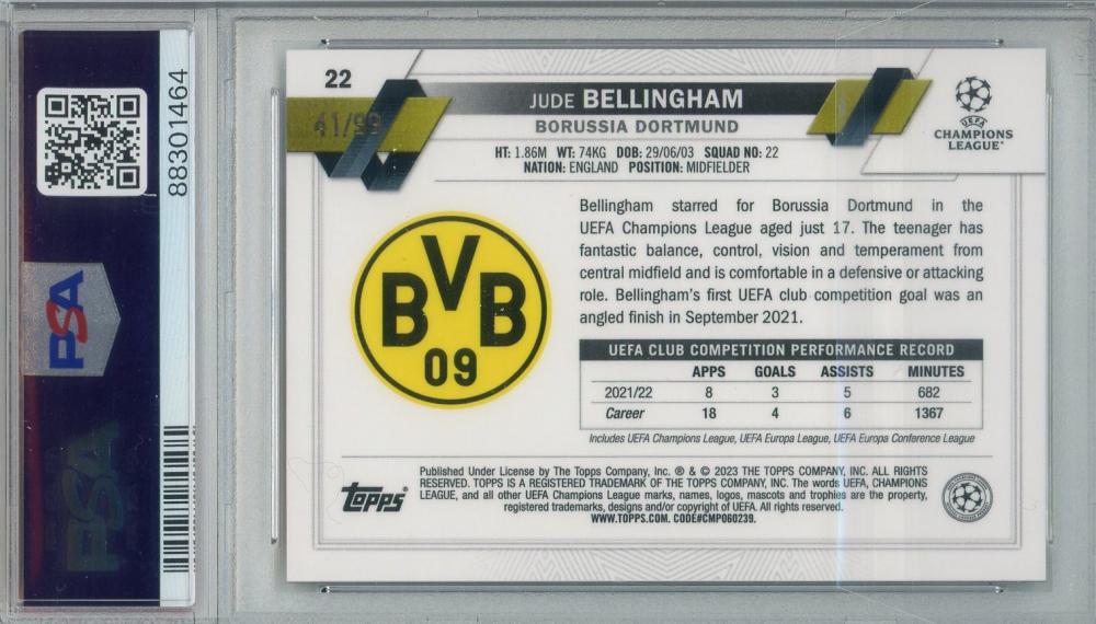 2022-23 Topps Chrome UEFA Club Competitions Jude Bellingham Color Match #2241/99 PSA9 Borussia Dortmund trading card