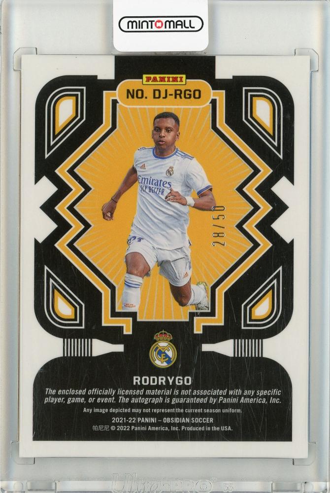 2021-22 Panini Obsidian Rodrygo Auto & Jersey soccer trading card numbered 28 of 50