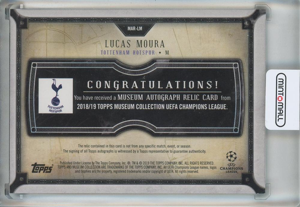 2018-19 Topps Museum Collection UEFA Champions League Lucas Moura autograph relics card #MARLM96/99 Tottenham Hotspur