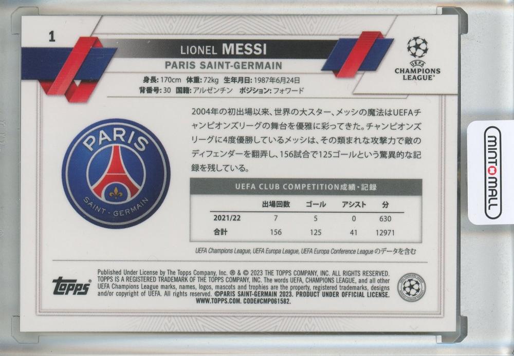 2022-23 Topps UEFA Club Competitions Japan Edition Lionel Messi Chrome Mojo Yellow Refractors trading card #1106/150