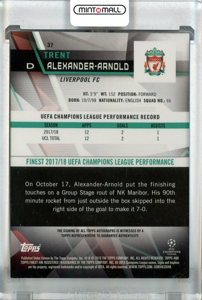 2018-19 Topps Finest UEFA Champions League Trent Alexander-Arnold autograph card Liverpool FC with visible scratches
