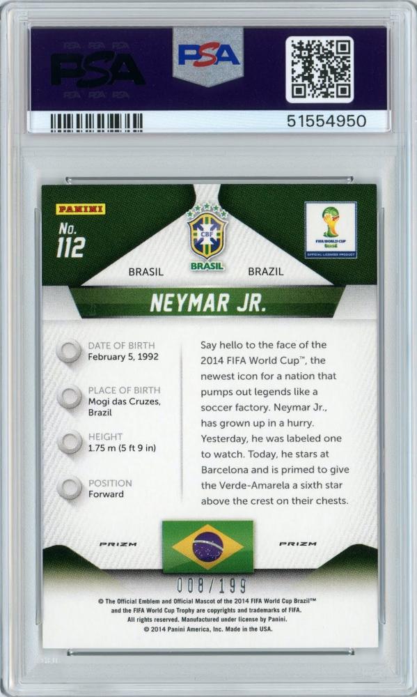 2014 PANINI Prizm FIFA World Cup Neymar Jr. Blue Prizm #112 graded PSA9 Mint Brazil card limited edition