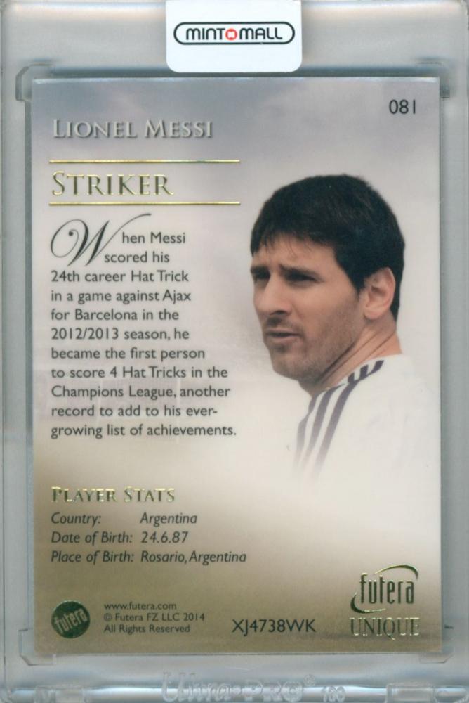 2014 Futera Unique soccer card featuring Lionel Messi #081 in striker position