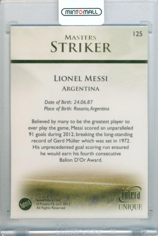 2013 Futera Unique soccer card featuring Lionel Messi #125 Masters Striker