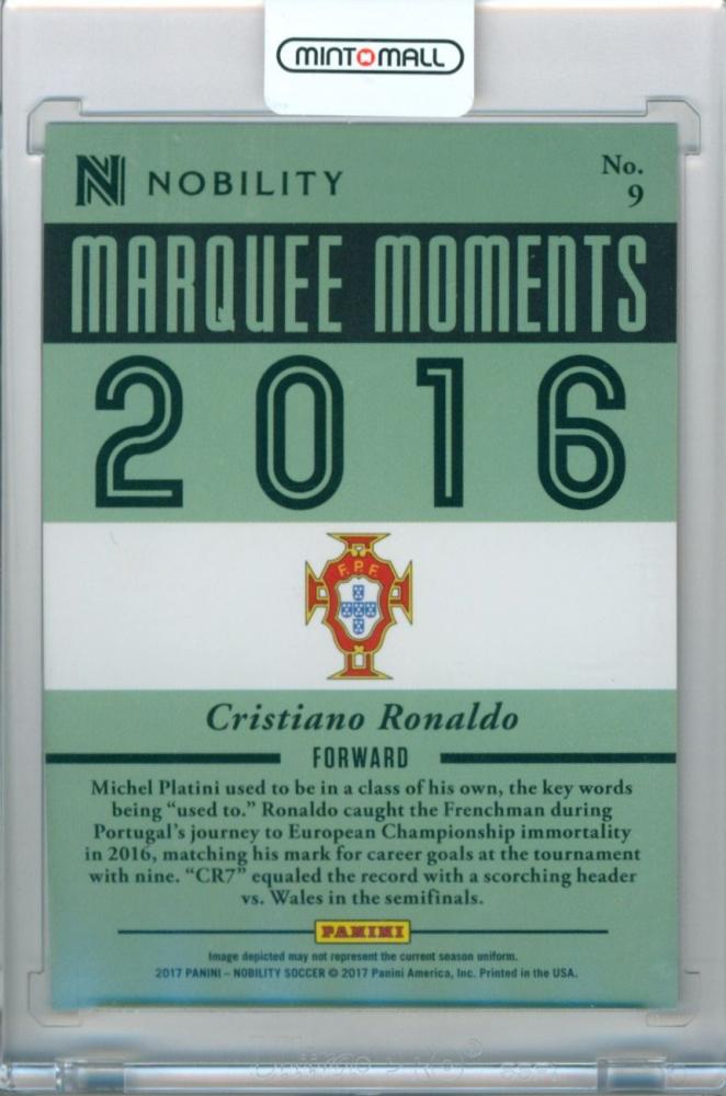 2017 Panini Nobility #9 Marquee Moments trading card featuring Cristiano Ronaldo in Real Madrid uniform