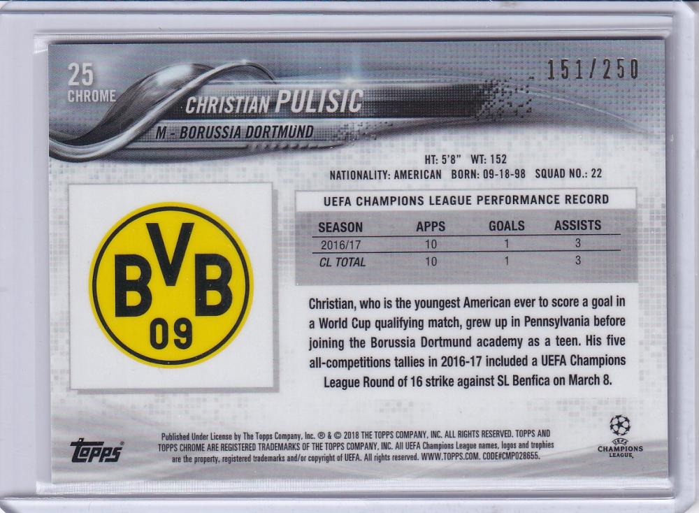 2017-18 Topps Chrome UEFA Champions League Christian Pulisic Borussia Dortmund base purple card numbered 151 of 250