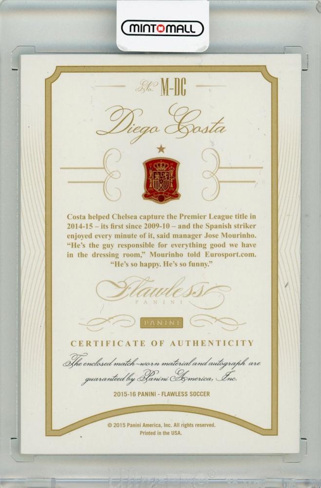 2016 Panini Flawless Diego Costa Momentous autographed Ruby Parallel on card numbered 4 of 15 from Spain