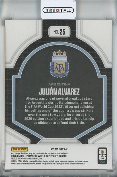 2026 Panini Prizm World Cup Julian Alvarez National Pride soccer card numbered 25 featuring Argentina team