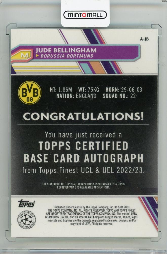 2022-23 TOPPS Finest UEFA Jude Bellingham Neon Green Refractor autograph card #AJB32/99 Borussia Dortmund