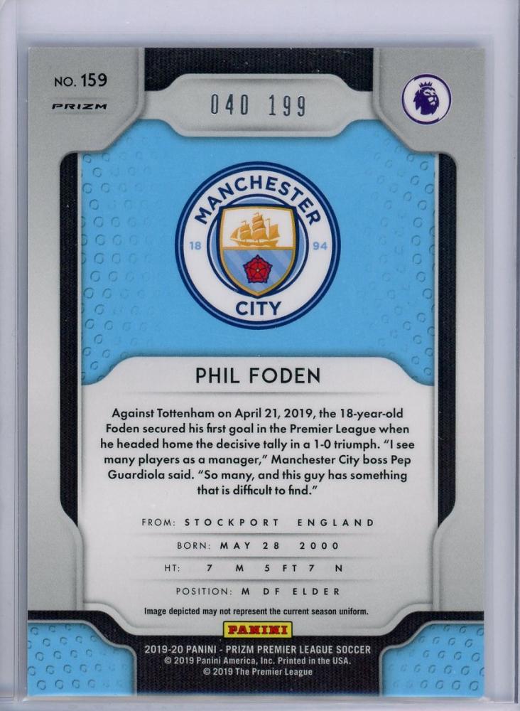 2019-20 Panini Prizm Premier League Phil Foden Manchester City Base Blue Parallel trading card number 040 of 199