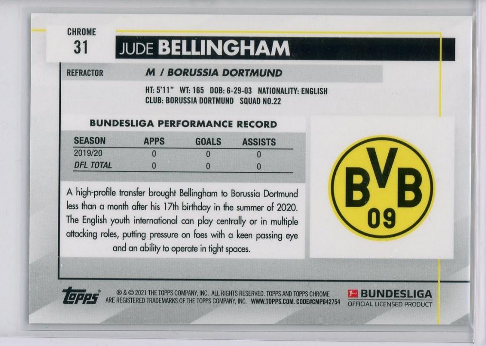 2020-21 Topps Chrome Bundesliga Borussia Dortmund Jude Bellingham Base Refractor trading card parallel