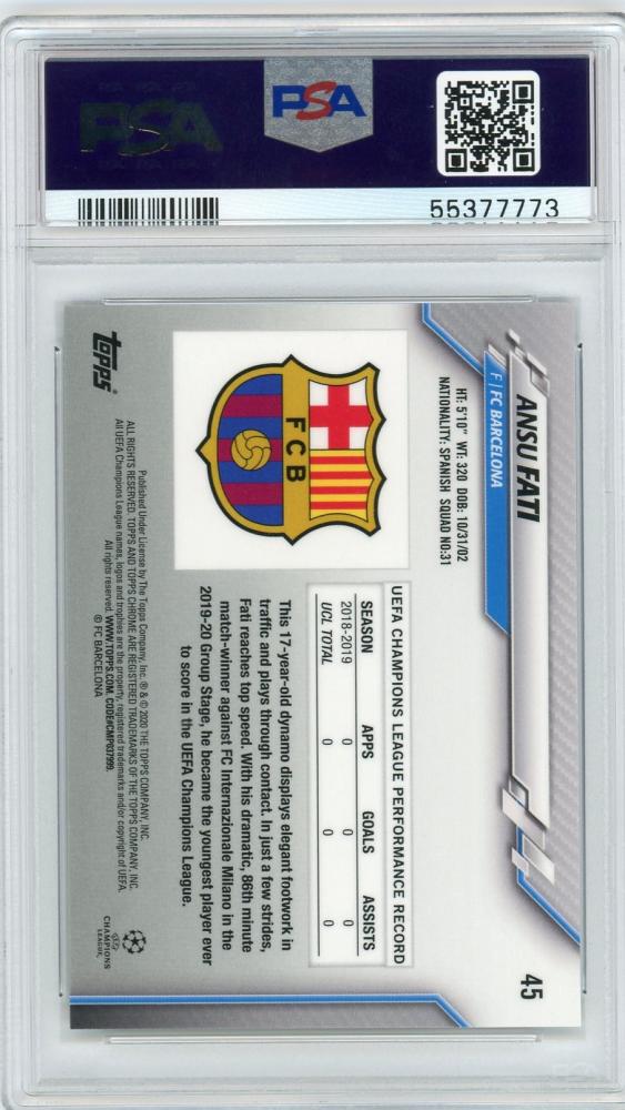 2019-20 Topps Chrome UEFA Champions League Ansu Fati FC Barcelona Base Purple Carbon Fiber PSA card