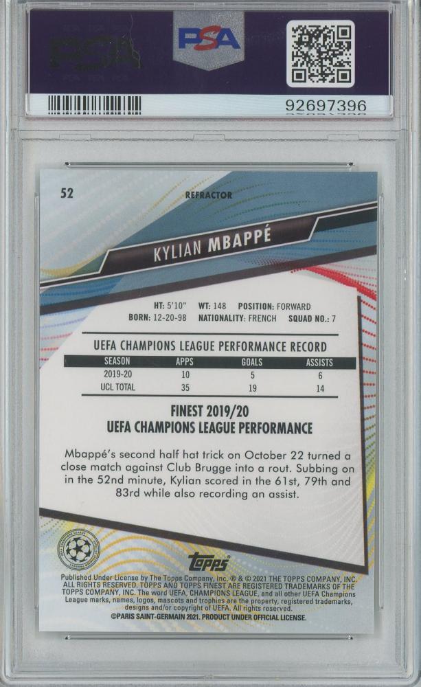 2020-21 Topps Finest UEFA Champions League soccer card of Kylian Mbappé Paris Saint-Germain graded PSA10