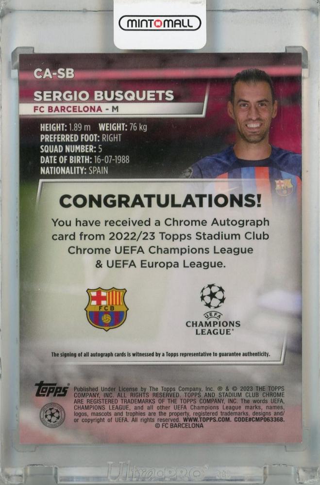 2022-23 Topps Stadium Club Chrome Sergio Busquets autograph card showing player in FC Barcelona kit