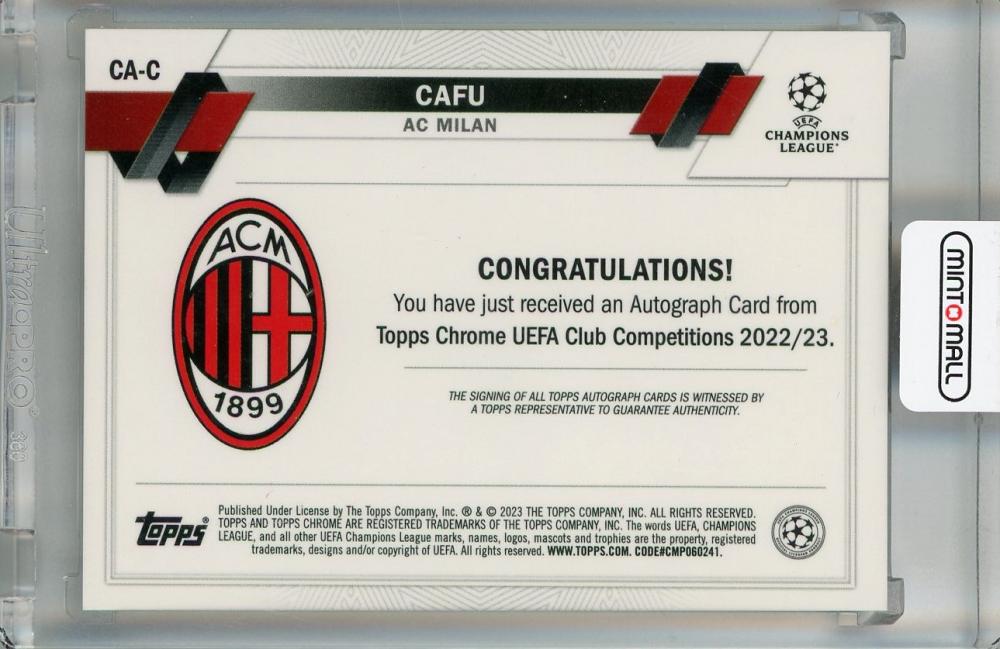 2022-23 Topps Chrome UEFA Club Competitions Cafu Chrome Autograph trading card with AC Milan logo and minor stain on back