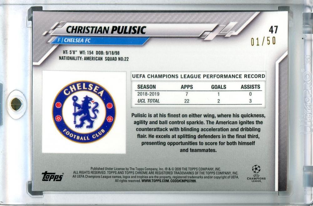 2019-20 Topps Chrome UEFA Champions League Chelsea FC Christian Pulisic Base Gold trading card numbered 01/50