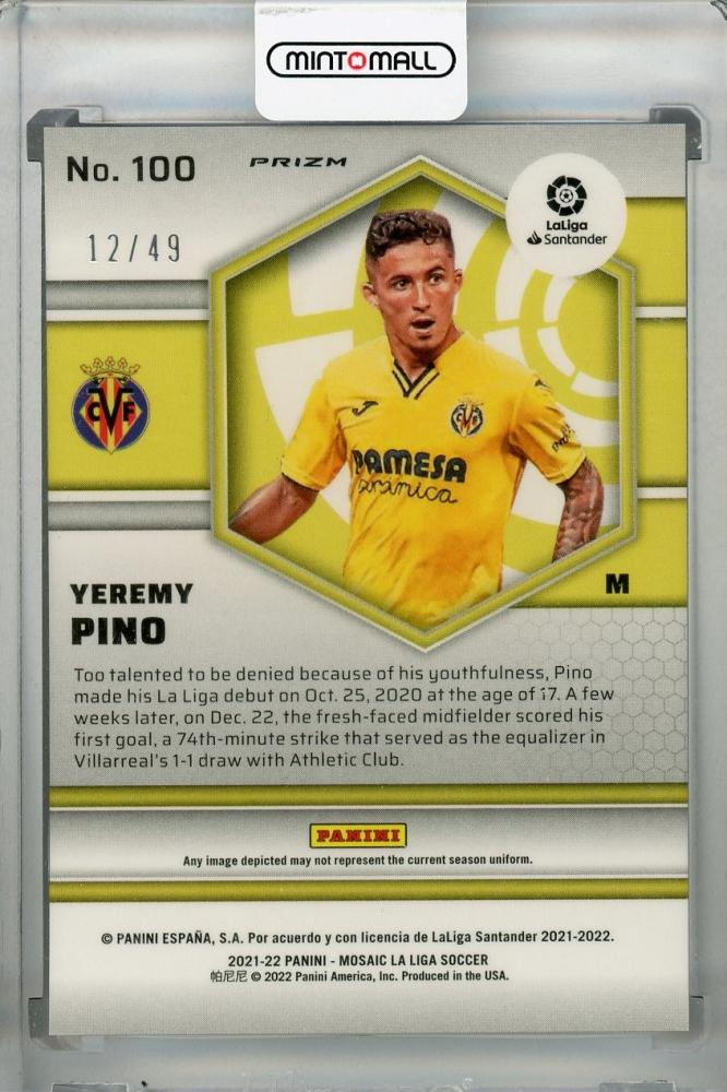 2021-22 Panini Mosaic La Liga Yeremy Pino Villarreal CF Base Purple Rookie Card parallel numbered 12 of 49
