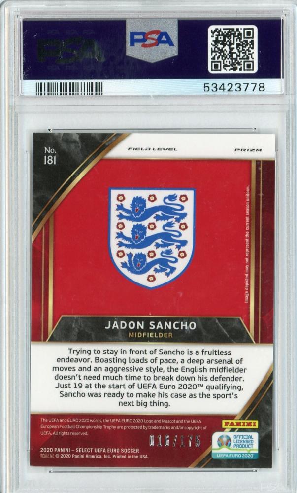2020 Panini Select UEFA Euro Jadon Sancho England Base Nameplate Light Blue Parallel graded PSA 10 card