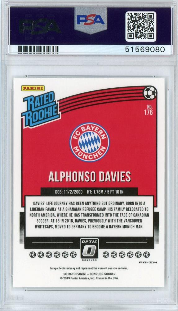 2018-19 Donruss Alphonso Davies FC Bayern Munich Base Optic Rated Rookie Holo PSA 9 Parallel Edition card