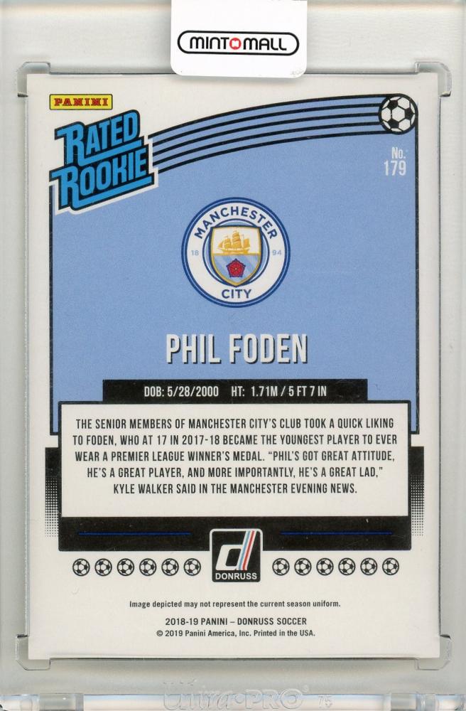 2018-19 Panini Donruss Soccer Phil Foden Gold Press Proof 24 of 75 trading card featuring Manchester City player