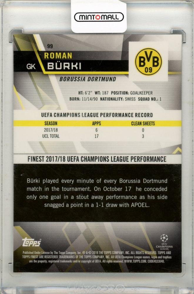 2018-19 Topps Finest UEFA Champions League Roman Burki trading card graded 10 out of 10