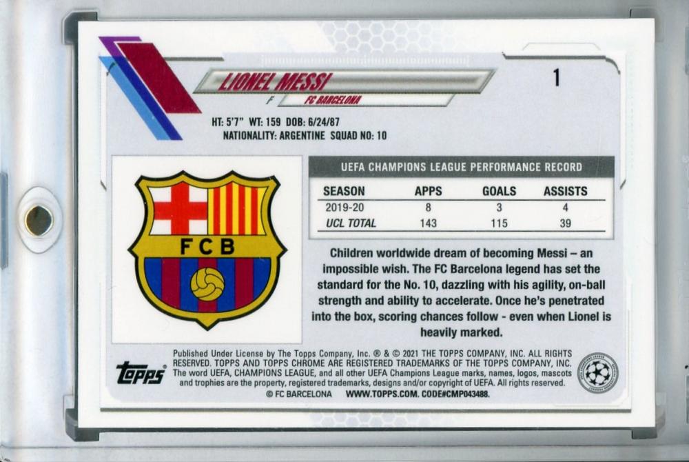 2020-21 Topps Chrome UEFA Champions League Lionel Messi base card FC Barcelona