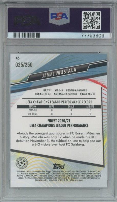 2020 Topps Finest UCL Jamal Musiala rookie card Purple Refractor PSA9 graded for FC Bayern Munchen