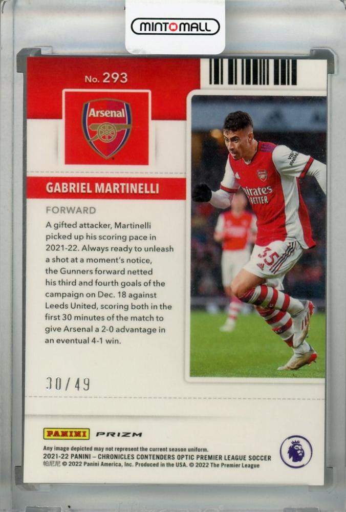 2021-22 Panini Chronicles Arsenal Gabriel Martinelli Contenders Optic Rookie Ticket Premier League Blue card number 30 of 49