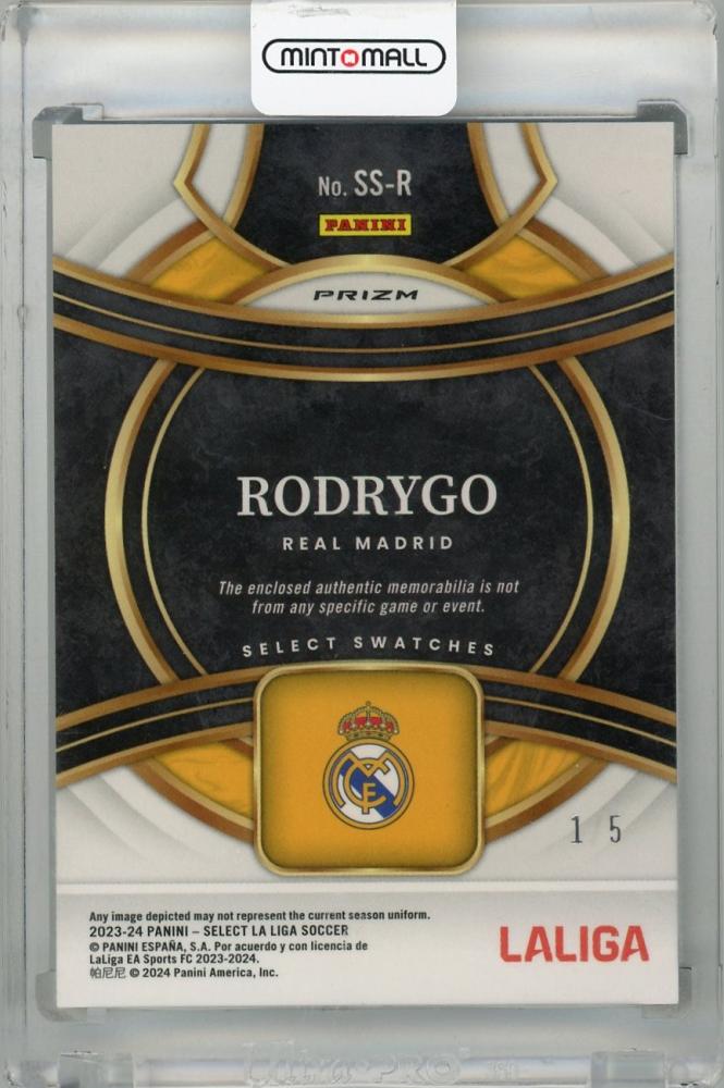 2023-24 Panini Select La Liga Rodrygo Swatches Green #22 trading card featuring Real Madrid CF with minor stain on back
