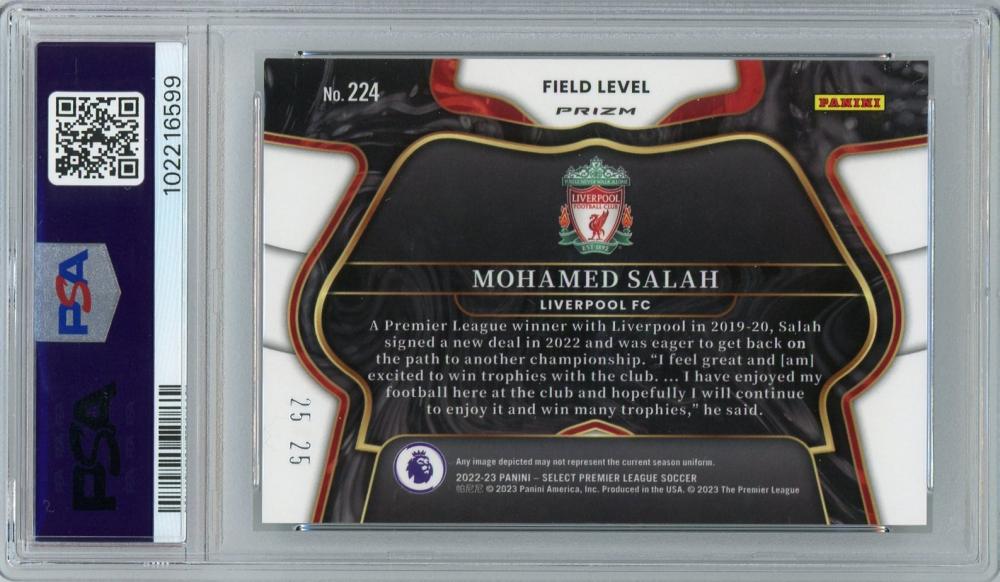 2022-23 Panini Select Premier League Mohamed Salah Zebra #22425/25 trading card graded PSA 9 Liverpool FC