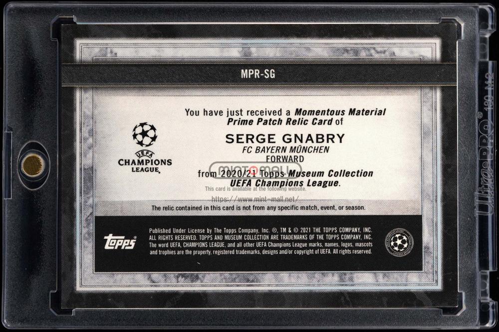 2020-21 Topps Museum UEFA Champions League Momentous Material Prime Patch Emerald Serge Gnabry trading card