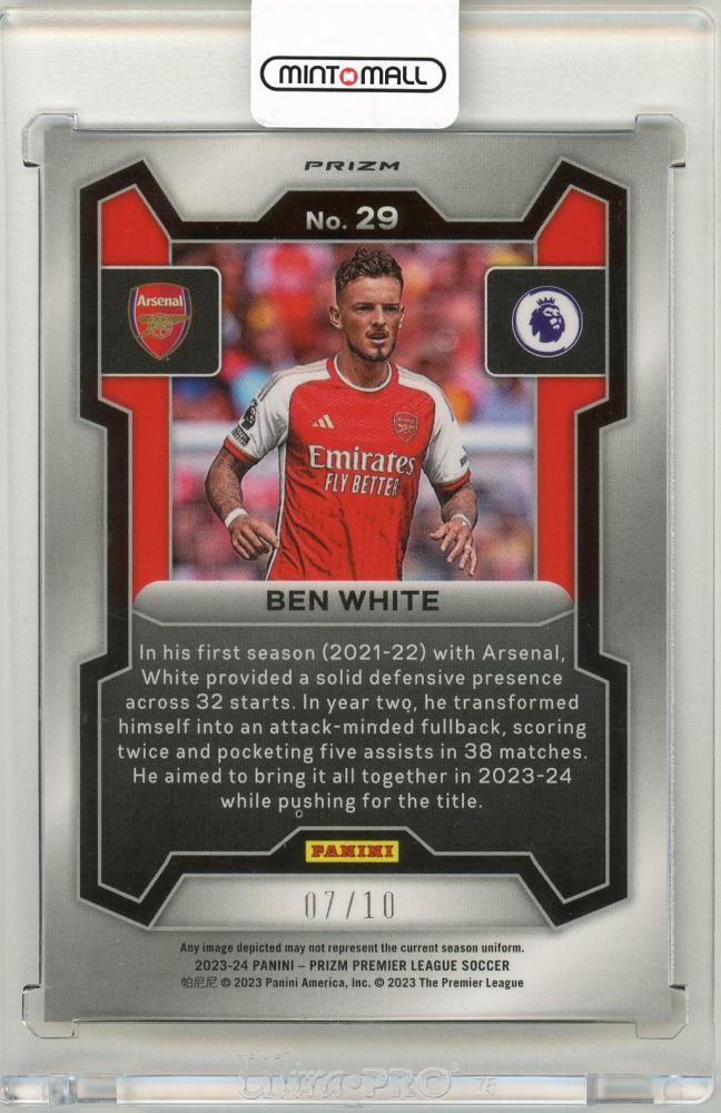 2023-24 Panini Prizm Premier League Soccer Ben White Gold Pulsar Prizms 7/10 card featuring Arsenal FC